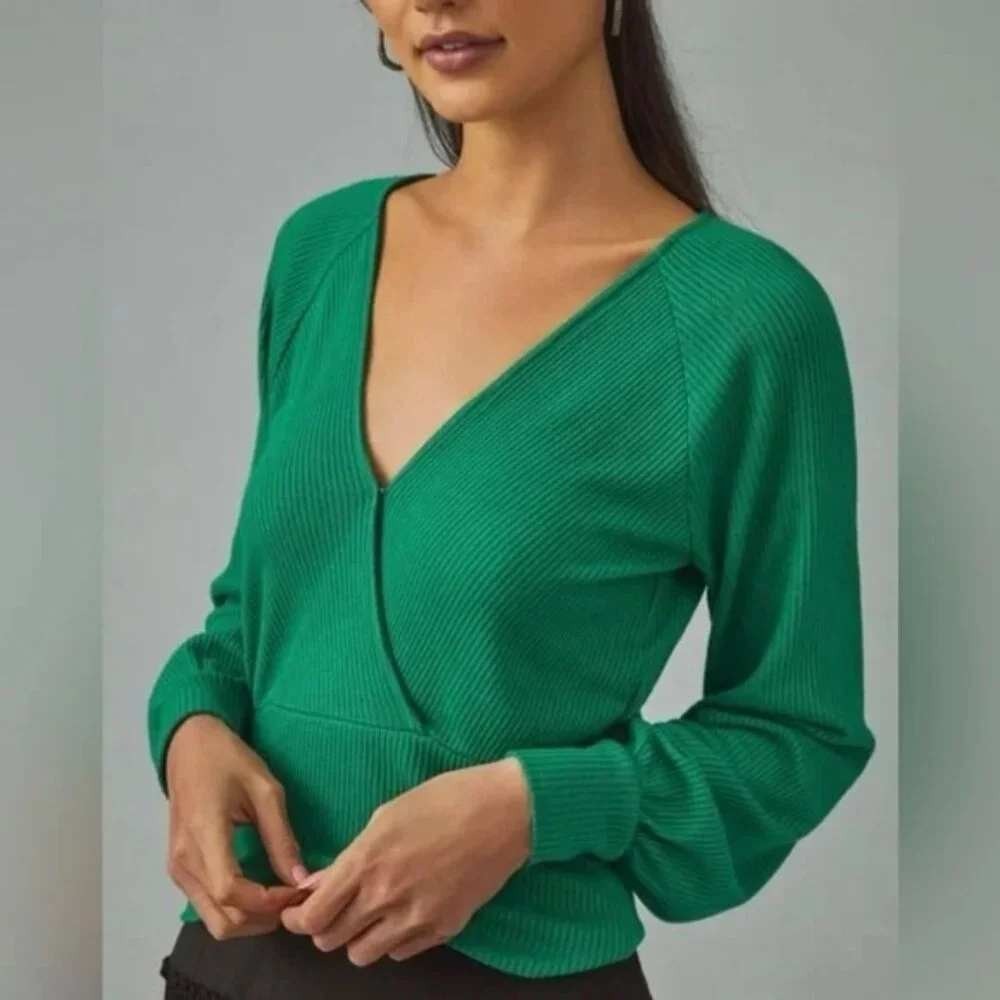 Anthropologie Top Womens Large Green Ribbed Surplice Balloon Work Office